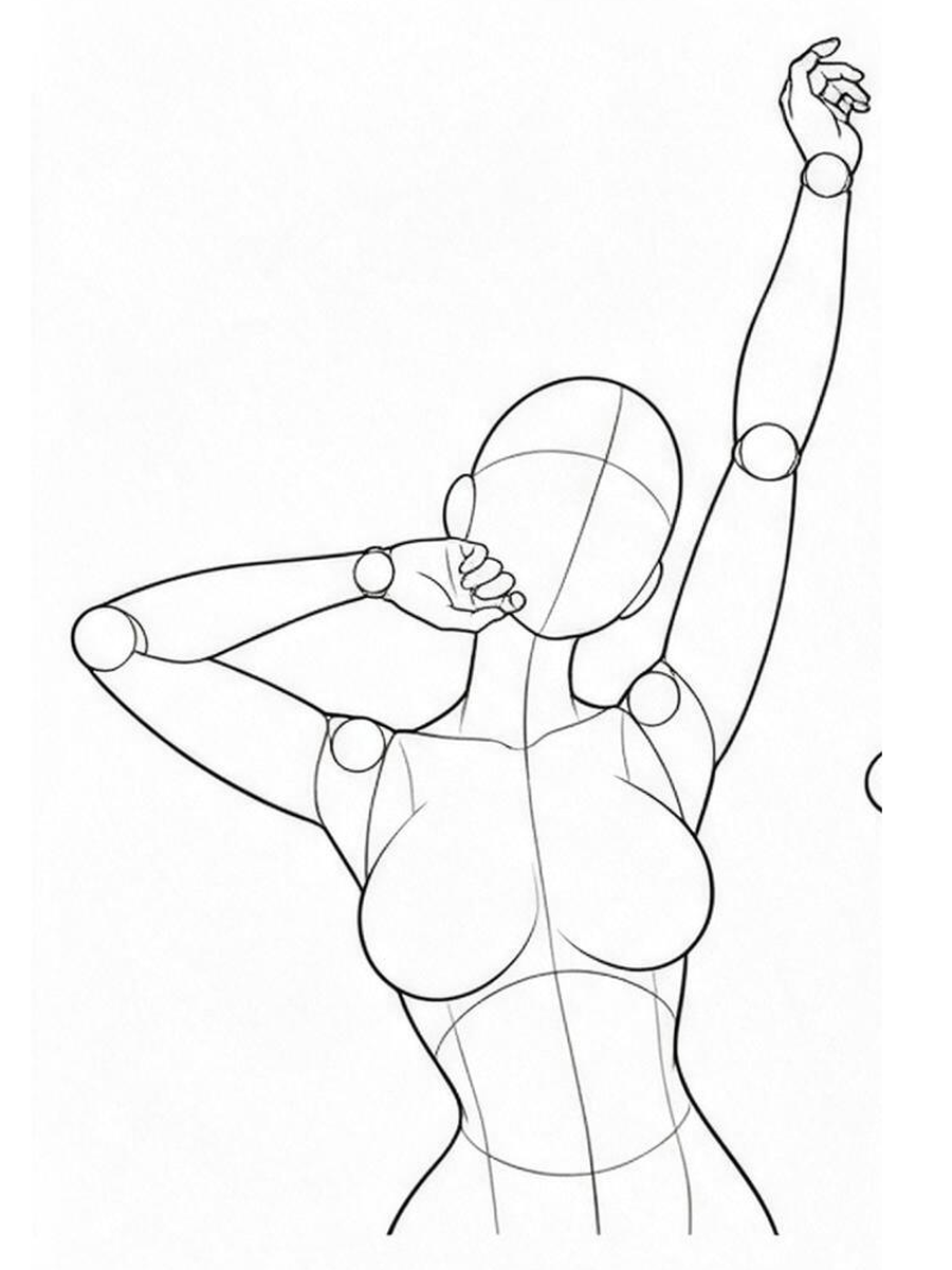 Yawning and stretching with a hand near the mouth / Front