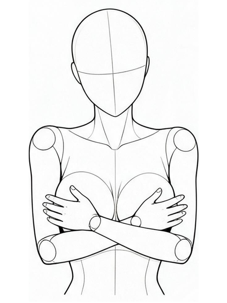 Hands covering the chest / Front