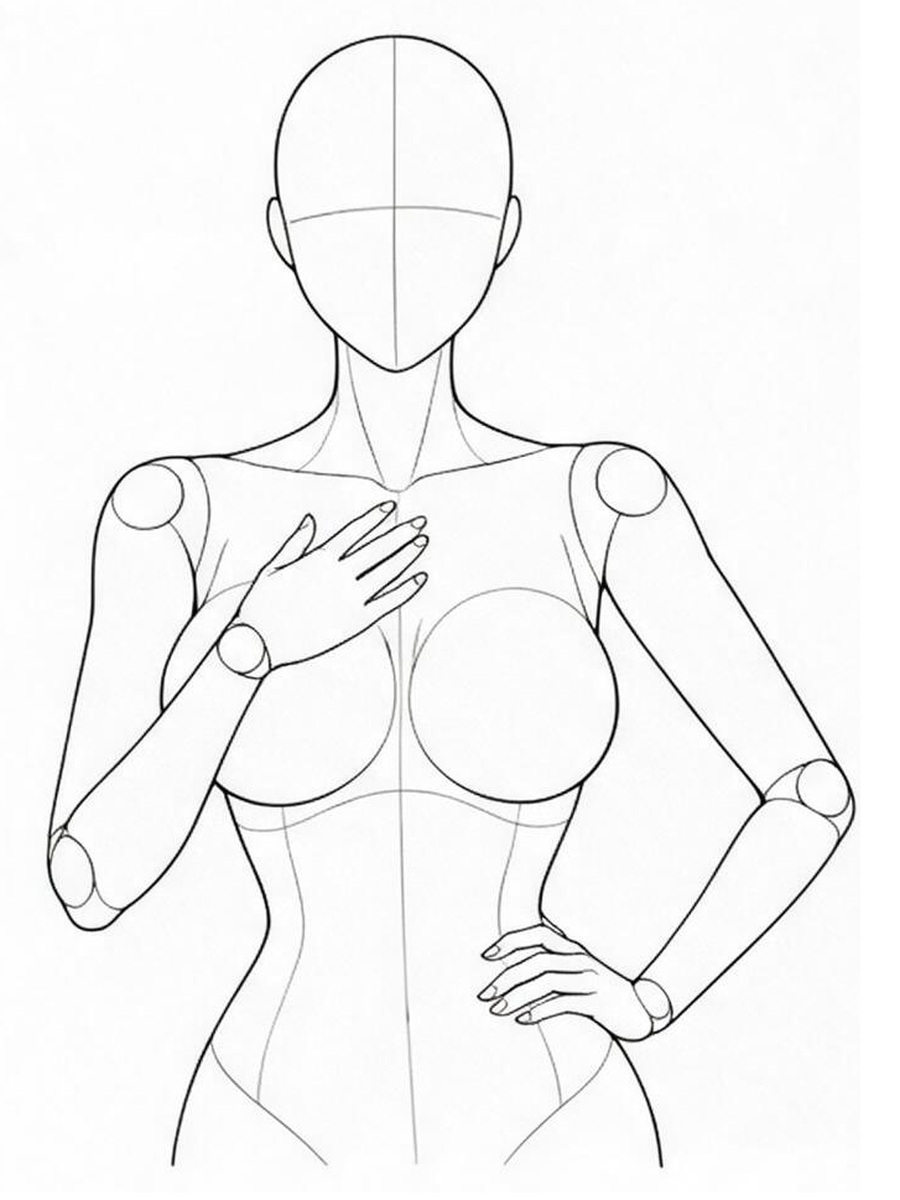 One hand covering the chest, the other on the hip / Front