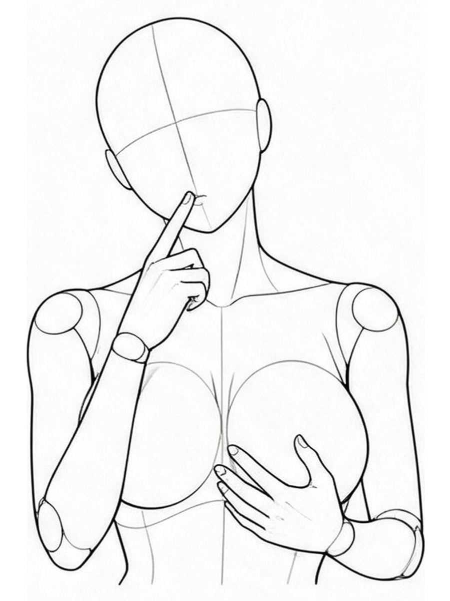 Finger near the mouth, one hand on the chest / Front