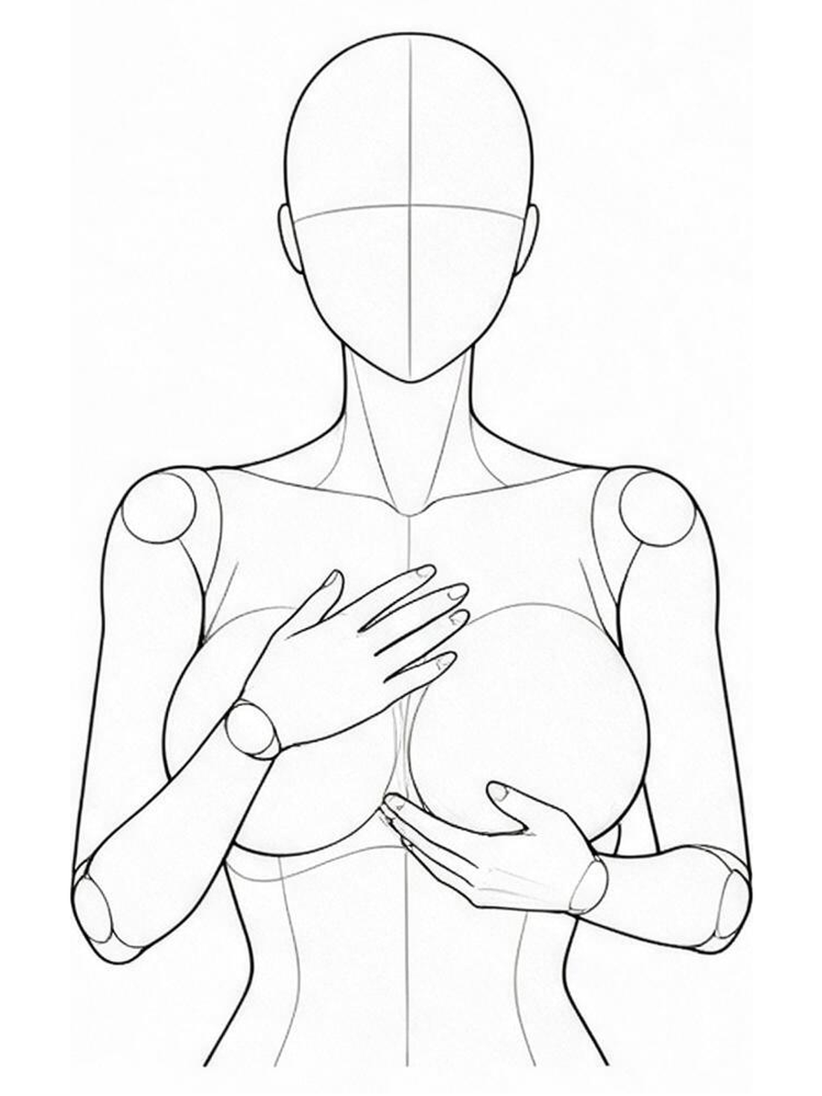 One hand covering the chest, the other lifting it / Front