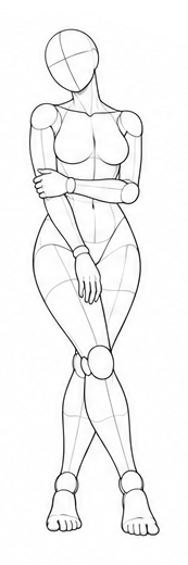 Standing with crossed legs and one arm held / Reference view