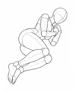 Original reference: The figure curls on its side with bent knees and hands near the face. / Reference view