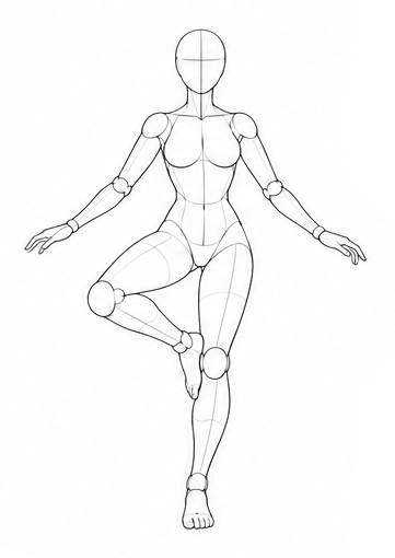 Balancing on one leg with the other bent outward / Reference view