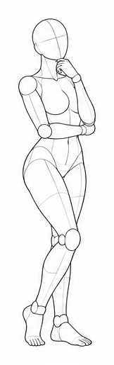 Standing with one hand at chin and one arm across waist / Reference view