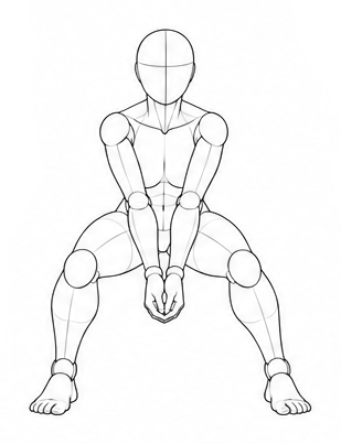 Wide squat with hands together between knees / Reference view