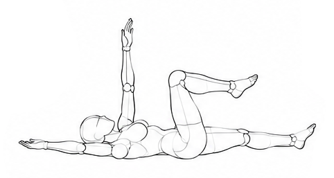 Lying on back with one knee bent and arms extended / Reference view