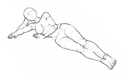 Lying on side with one arm extended / Reference view