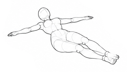 Lying face down with arms outstretched / Reference view