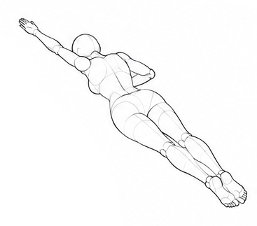 Lying face down with one arm reaching overhead / Reference view