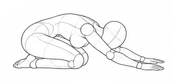 Kneeling forward fold with arms extended / Reference view