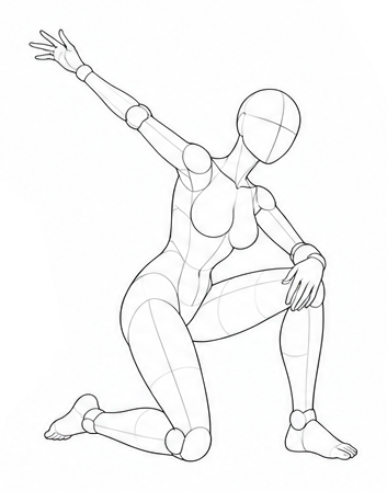 Half-kneeling with one arm raised diagonally / Reference view