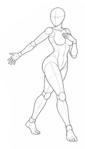 Standing with one hand on chest and one arm out / Reference view