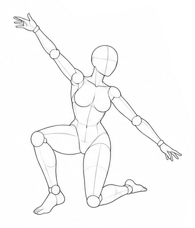 Half-kneeling with arms spread diagonally / Reference view