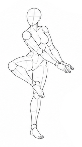 Balancing with one leg bent across and arms extended / Reference view