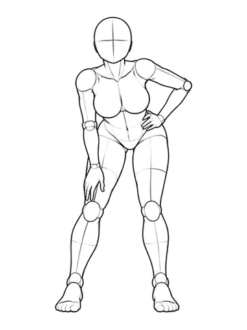 Bending forward, one hand on hip and looking up