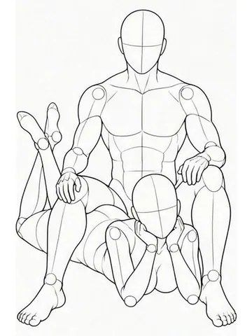Chin resting on hand between another person's legs