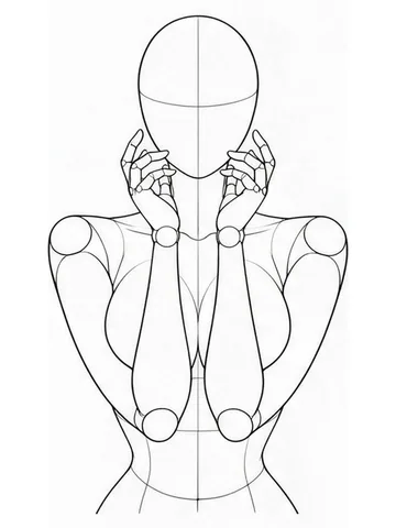 Forearms upright, pressing breasts from the sides