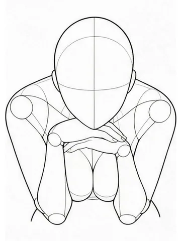 Leaning forward, chin resting on the back of a hand