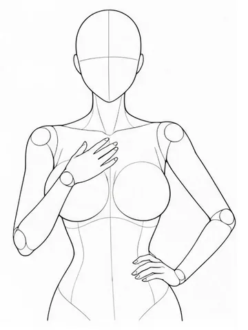 One hand covering the chest, the other on the hip