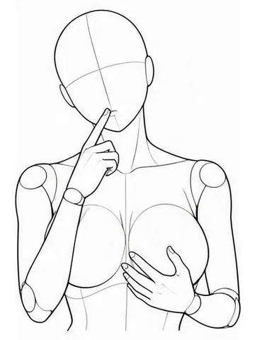Finger near the mouth, one hand on the chest