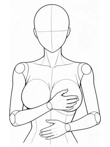 One hand on the chest, the other tracing the stomach