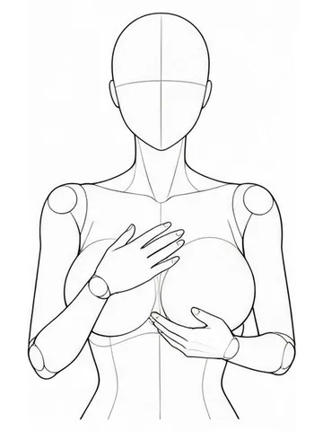 One hand covering the chest, the other lifting it