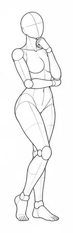 Standing with one hand at chin and one arm across waist