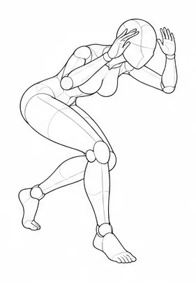 Crouching with hands beside the head