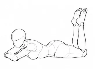 Lying on stomach with feet raised and head on arms