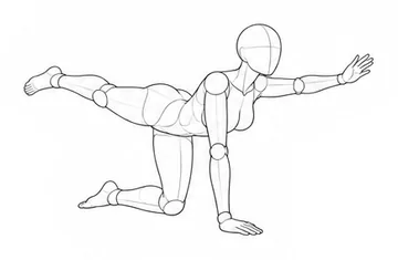 On hands and knees with one arm and leg extended