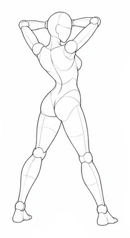 Standing with hands behind head and legs apart